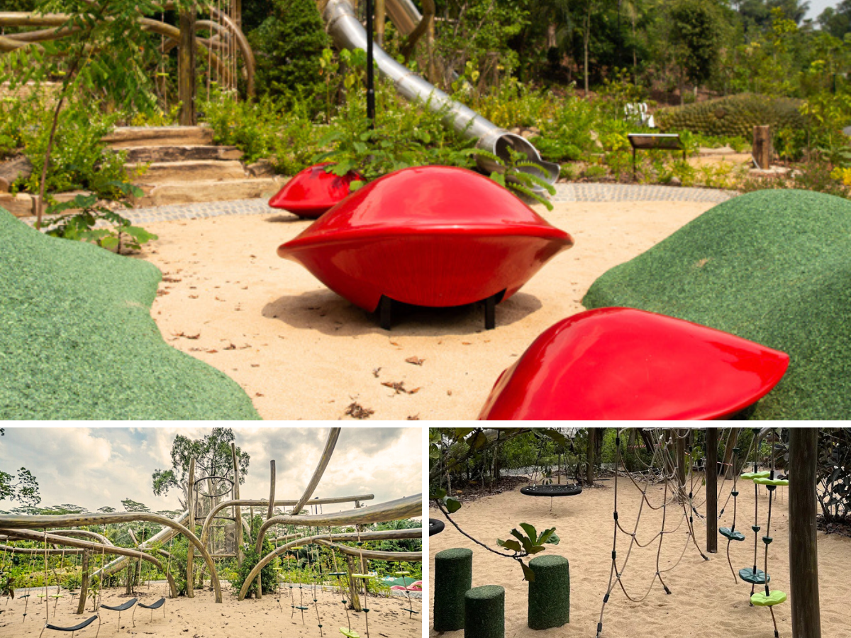 Collage of play areas showing saga seeds and obstacles at Como Adventure Grove In Singapore Little Steps