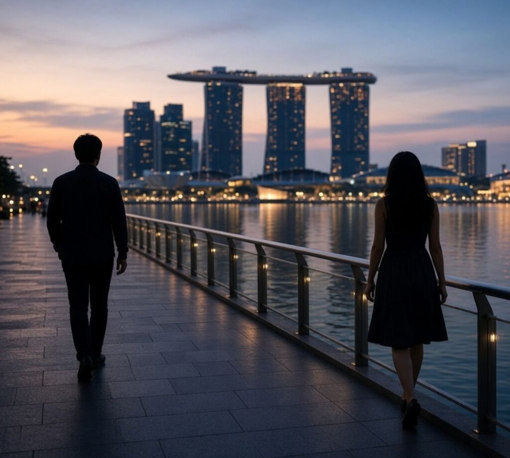 Image of a couple walking apart at Marina Bay Waterfront - divorce singapore