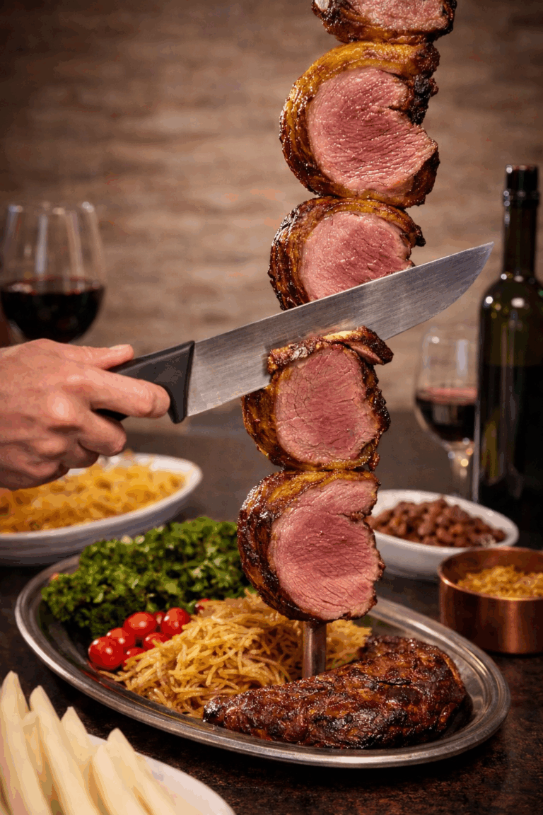 Traditional churrasco-style meat carving at Carnivore Brazilian Churrascaria in Singapore.