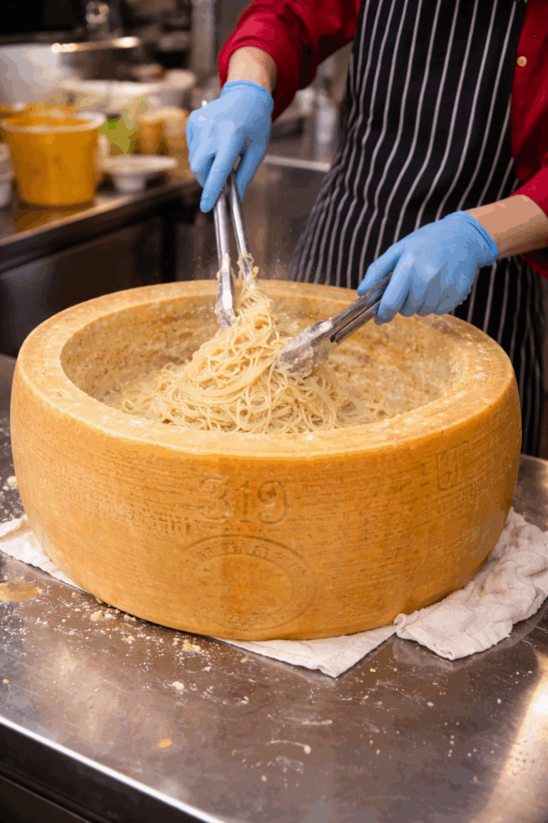Authentic halal Italian cuisine in a vibrant hawker setting, featuring the first 40kg cheese wheel pasta in sunny Singapore