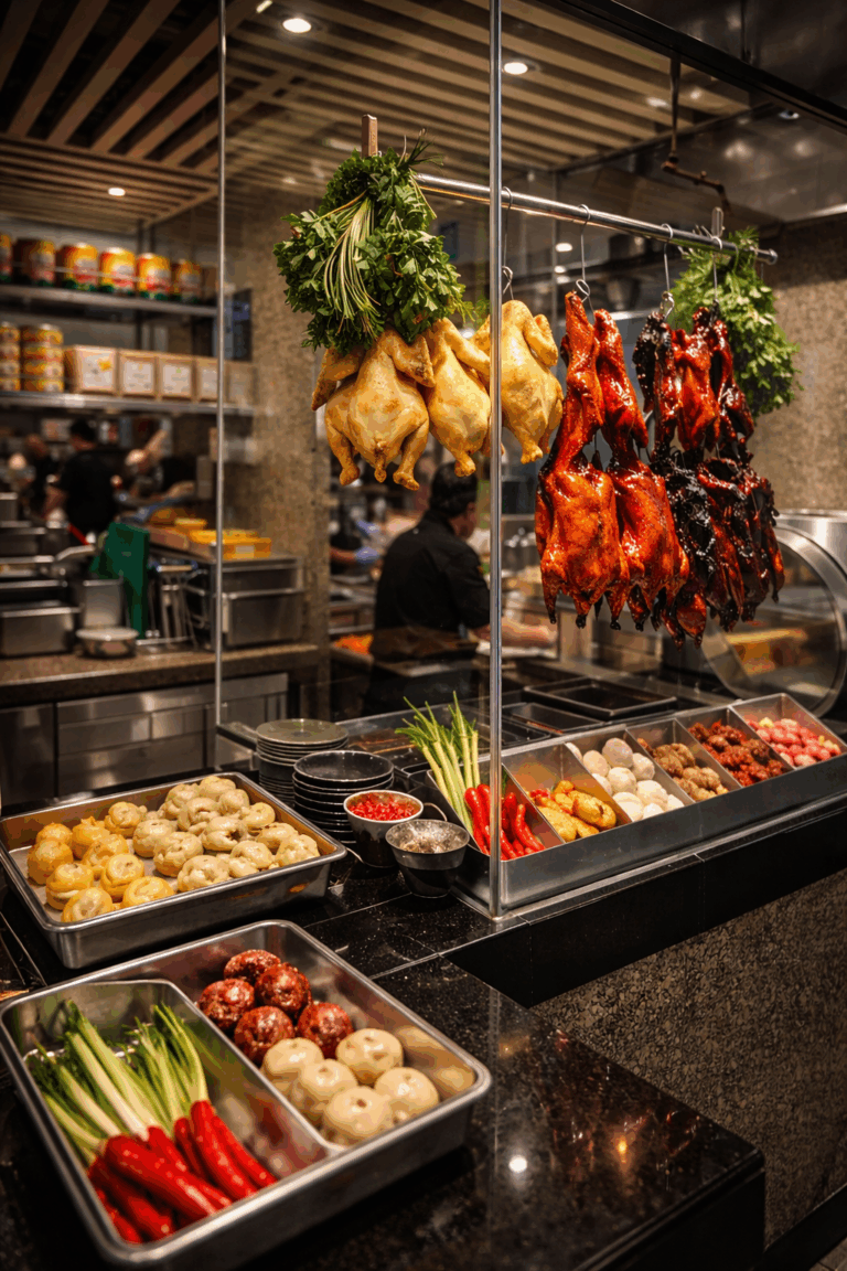 Diverse selection of local Singaporean street food at StraitsKitchen Singapore.