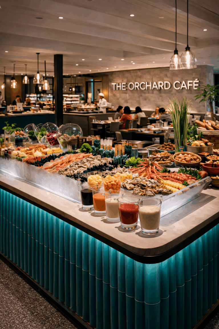 A diverse spread of Asian and international buffet dishes at The Orchard Cafe Singapore.