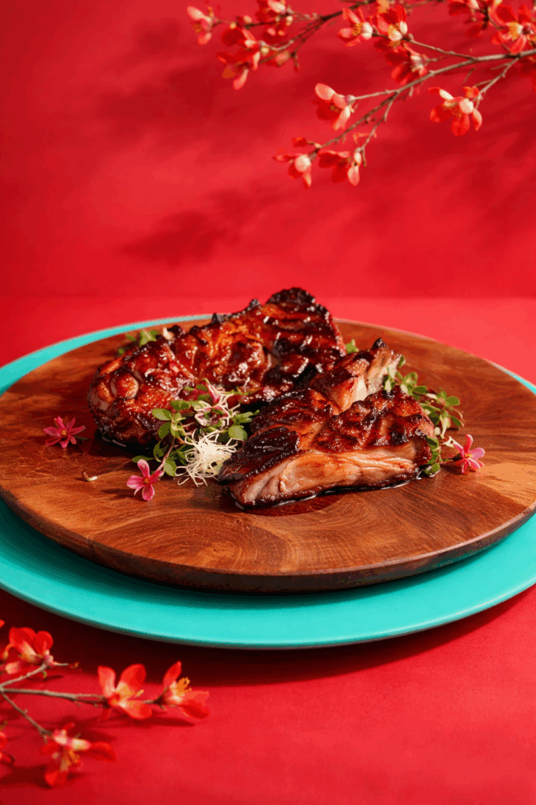 A glazed dish of Honey-Glazed Roasted Spanish Pork Ribs from Crystal Jade for Chinese New Year in Singapore.