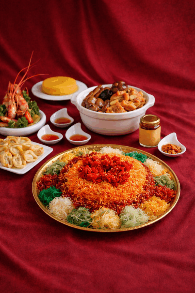 A large spread of Peach Garden dishes, including a colorful Prosperity Yu Sheng and a Pen Cai, for Chinese New Year takeaway in Singapore