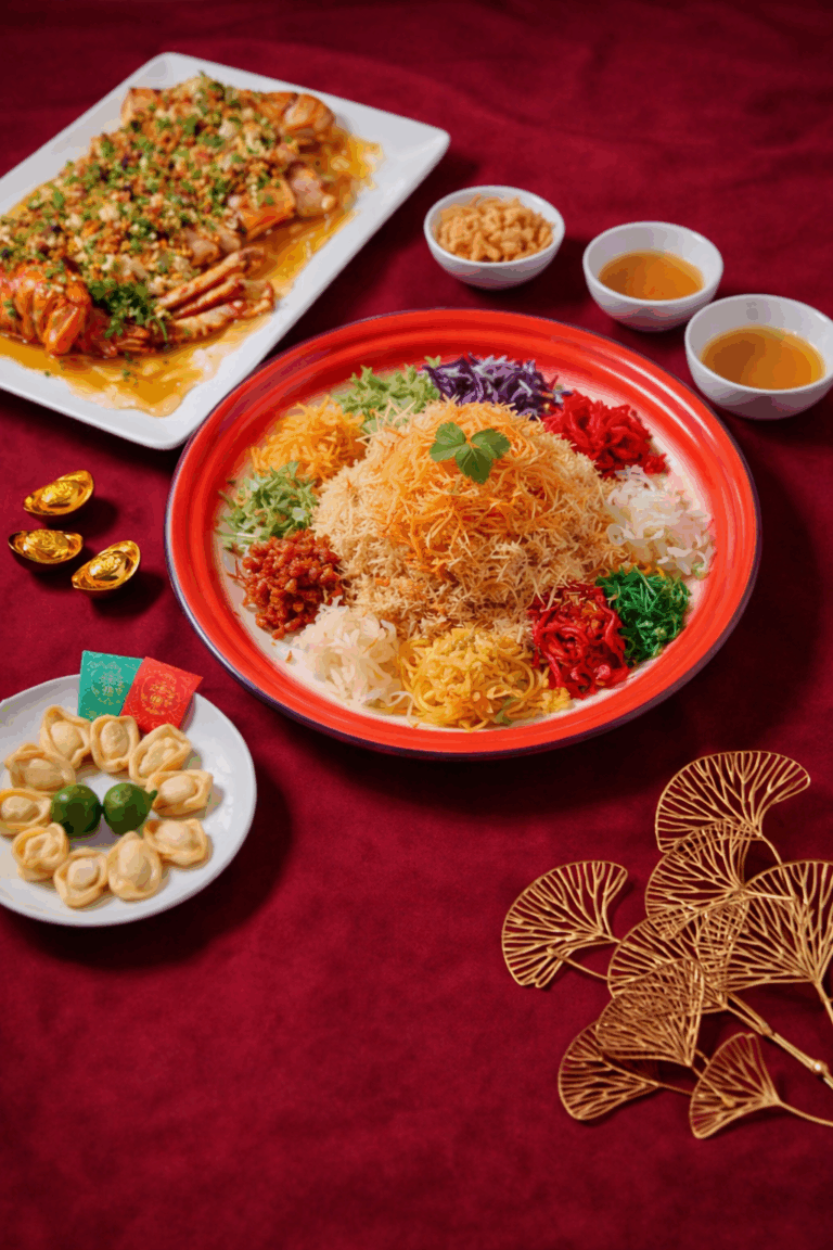A full Soup Restaurant Reunion Takeaway Set for Chinese New Year featuring Samsui Ginger Chicken, Braised Abalone Seafood Pot, Yu Sheng, and steamed rice in Singapore.