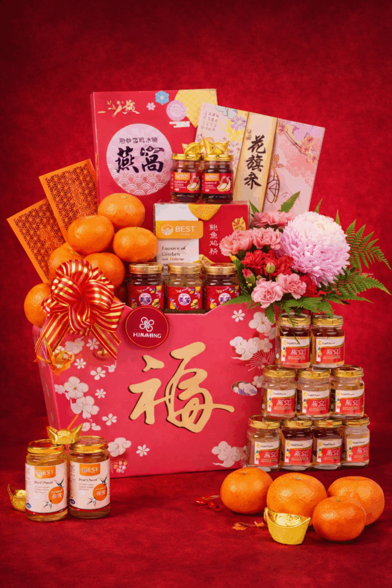 Humming Chinese New Year hampers in Singapore featuring premium bird’s nest, ginseng tea, and essence of chicken with abalone for CNY 2026