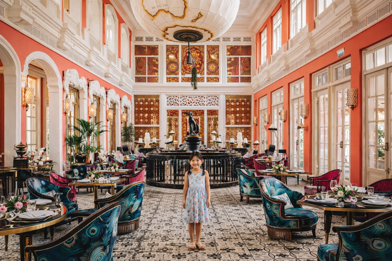Child standing in a grand, colorful hotel at a family-friendly luxury resort in Phu Quoc, Vietnam.