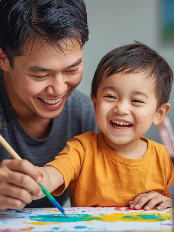 father and son painting together at an art therapy workshop in singapore