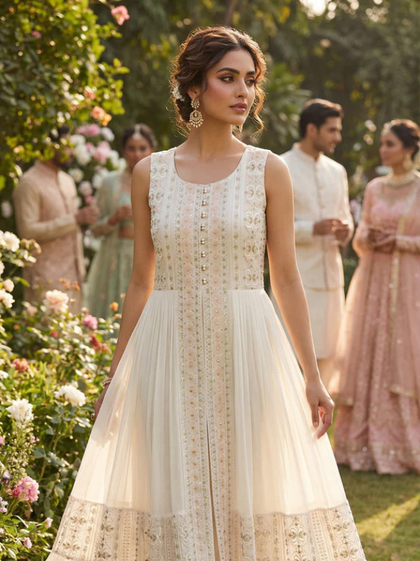 beautiful indian woman wearing a cream palazzo outfit with matching overskirt