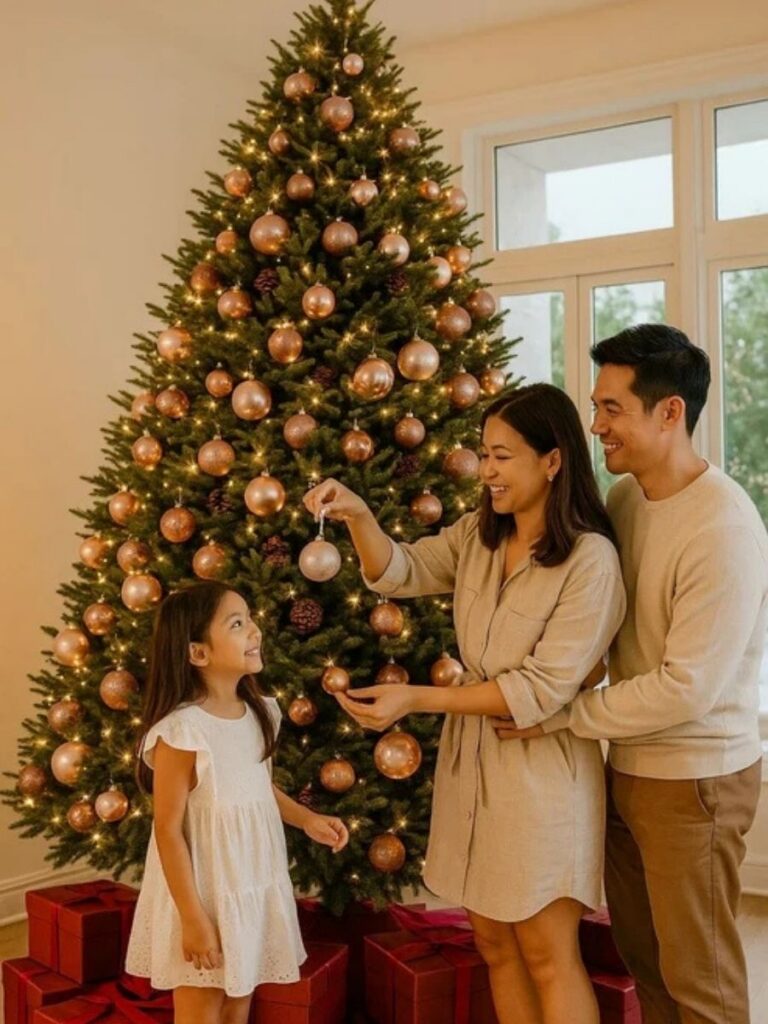 Image of family decorating Sing See Soon tree - Christmas tree singapore