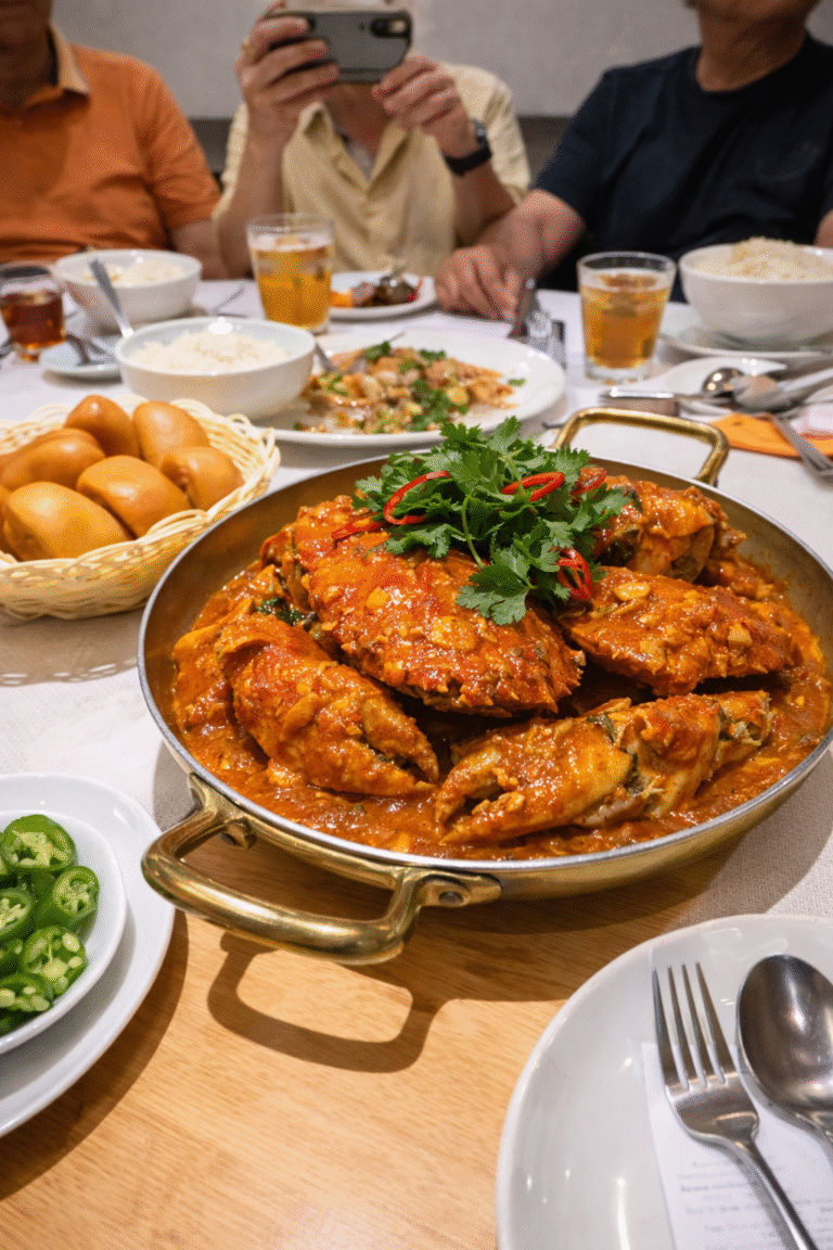 Signature chilli crab served in a clay pot at Jumbo Seafood in Dempsey Hill, Singapore