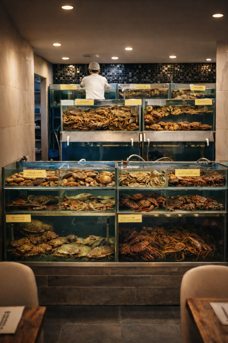 Interior view of Long Beach Seafood restaurant with fresh seafood displays in Dempsey Hill, Singapore