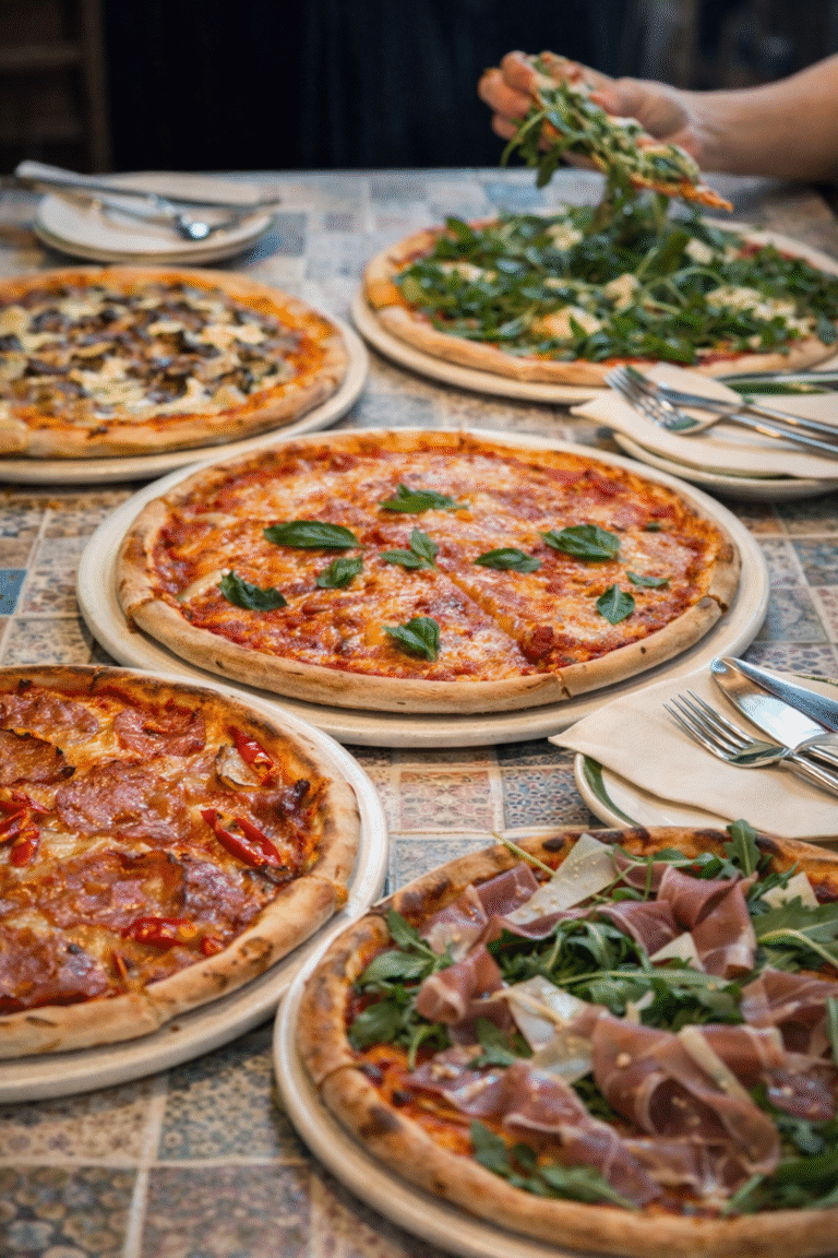 Wood-fired pizzas served on a shared table at Da Paolo Dempsey Hill, Singapore