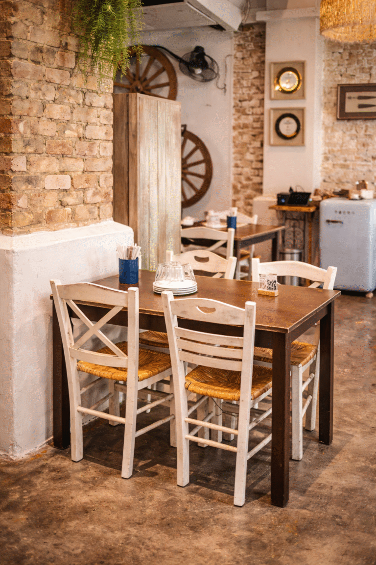 Bright Mediterranean dining interior at Blu Kouzina in Dempsey Hill, Singapore