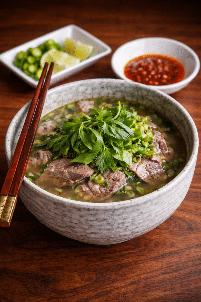 Bowl of Vietnamese pho with fresh herbs at Red Sparrow restaurant in Dempsey Hill, Singapore