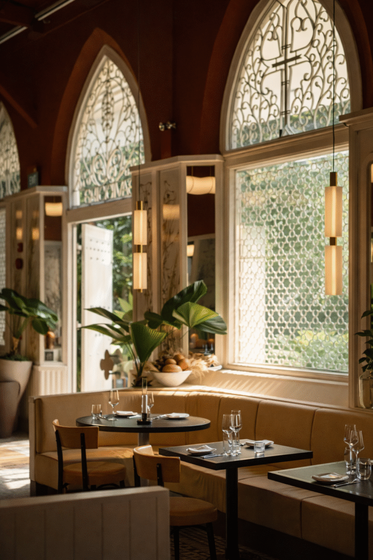 French bistro interior with arched windows at Claudine in Dempsey Hill, Singapore