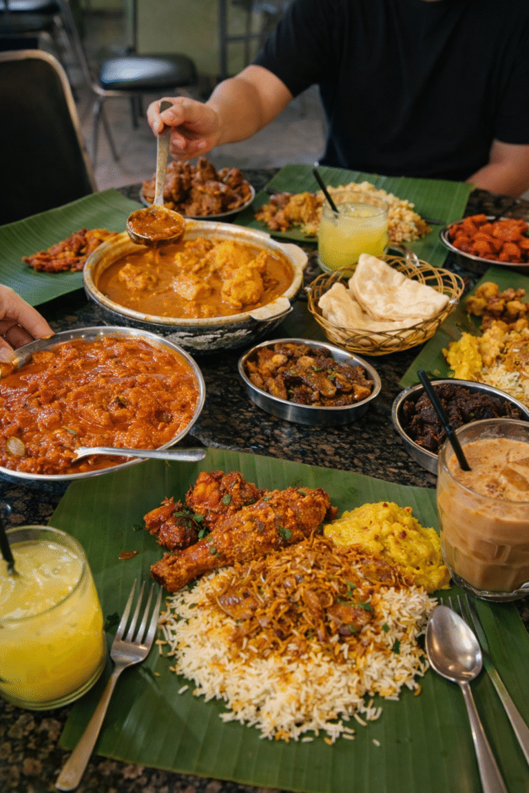 Banana leaf meal at Samy’s Curry in Dempsey Hill with rice and South Indian curries