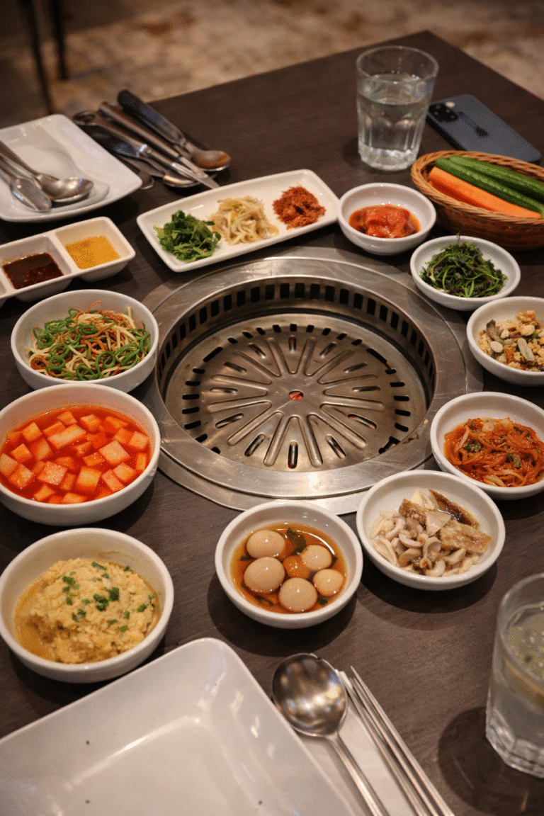 Korean barbecue table at Chang Korean BBQ in Dempsey Hill with charcoal grill and banchan