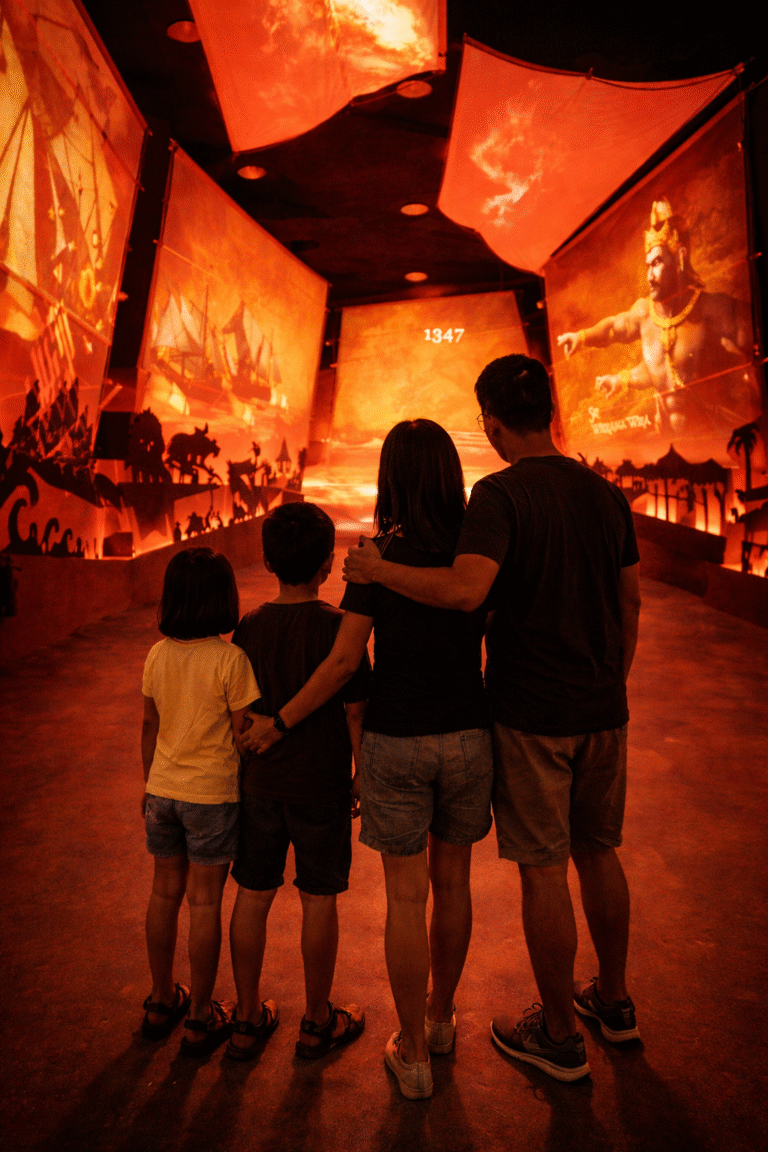 A family inside the Through the Lens of Time exhibition at Singapore Discovery Center