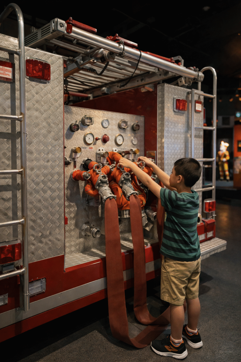 Child exploring fire engine exhibit at Civil Defence Heritage Gallery in Singapore