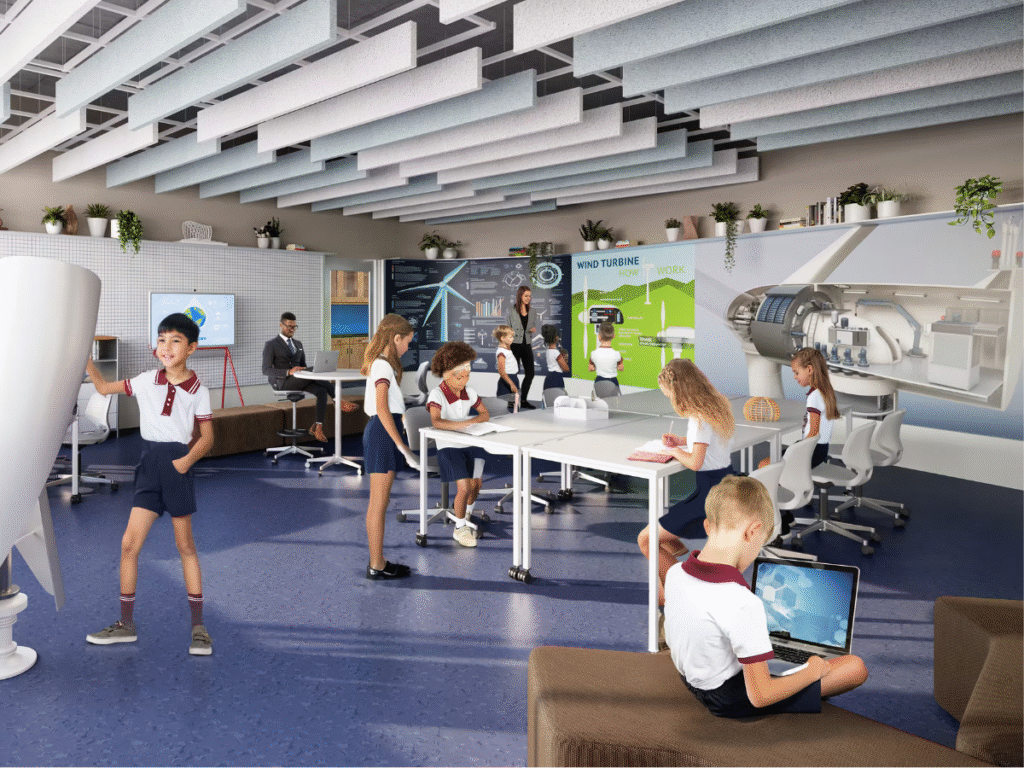 classroom setup showing students sitting at desks and around the room as well as teachers in front of large smartboards