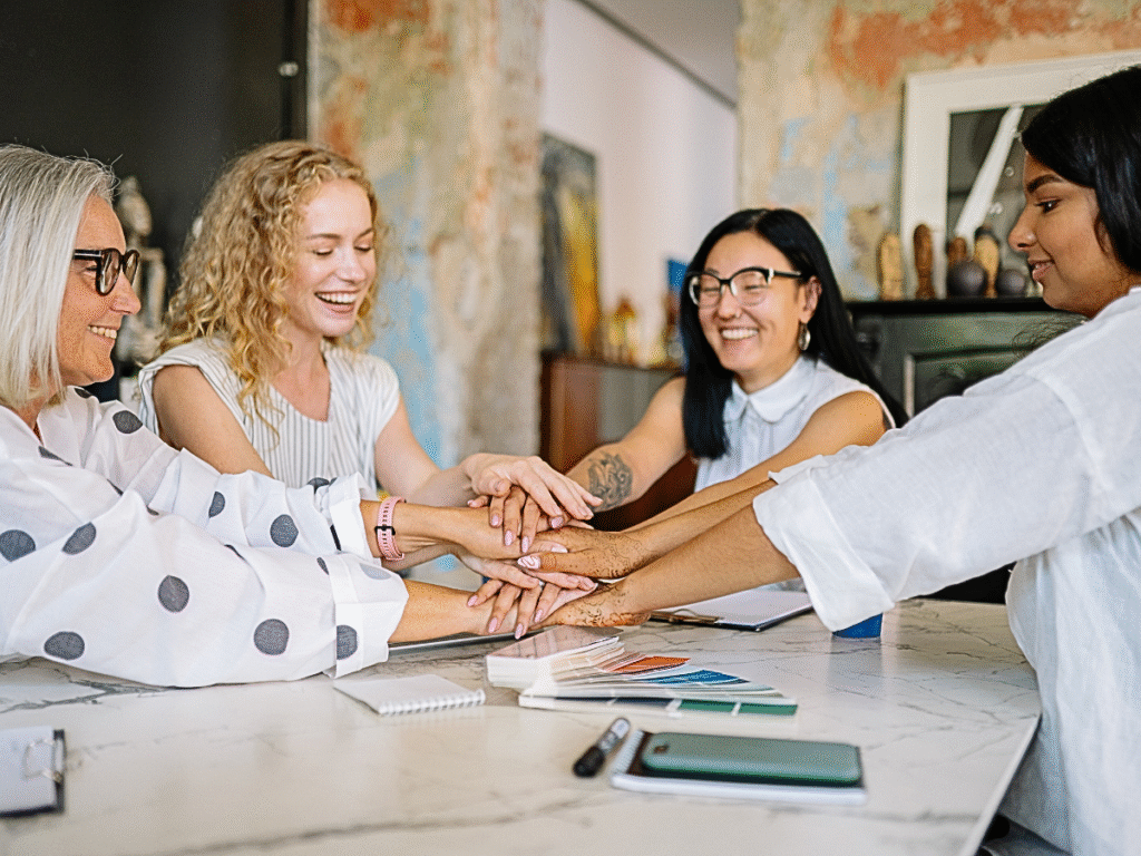 four women sitting at a table clasping hands as a sign of friendship