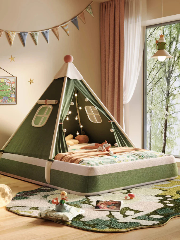 Beautiful green coloured tent styled bed with green and white matching rug and bunt
