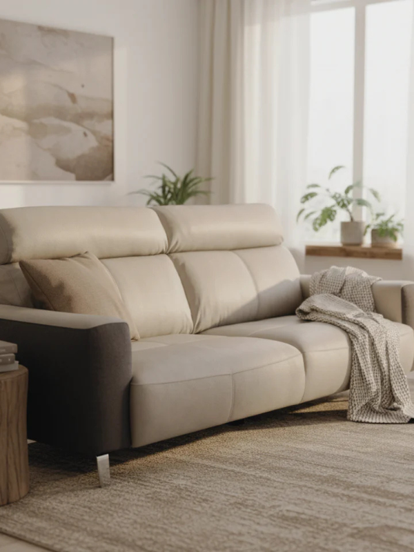 Beige comfortable leather lounge and blanket
