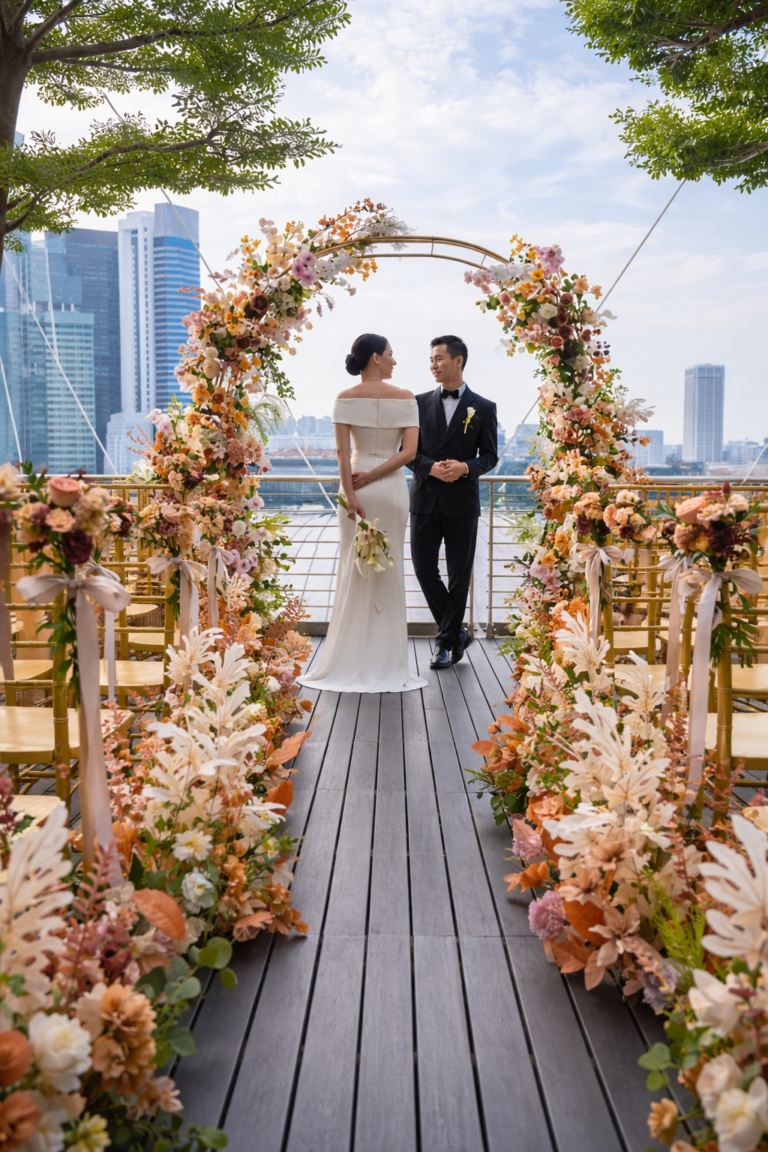 Luxury wedding ceremony with skyline views at Marina Bay Sands in Singapore