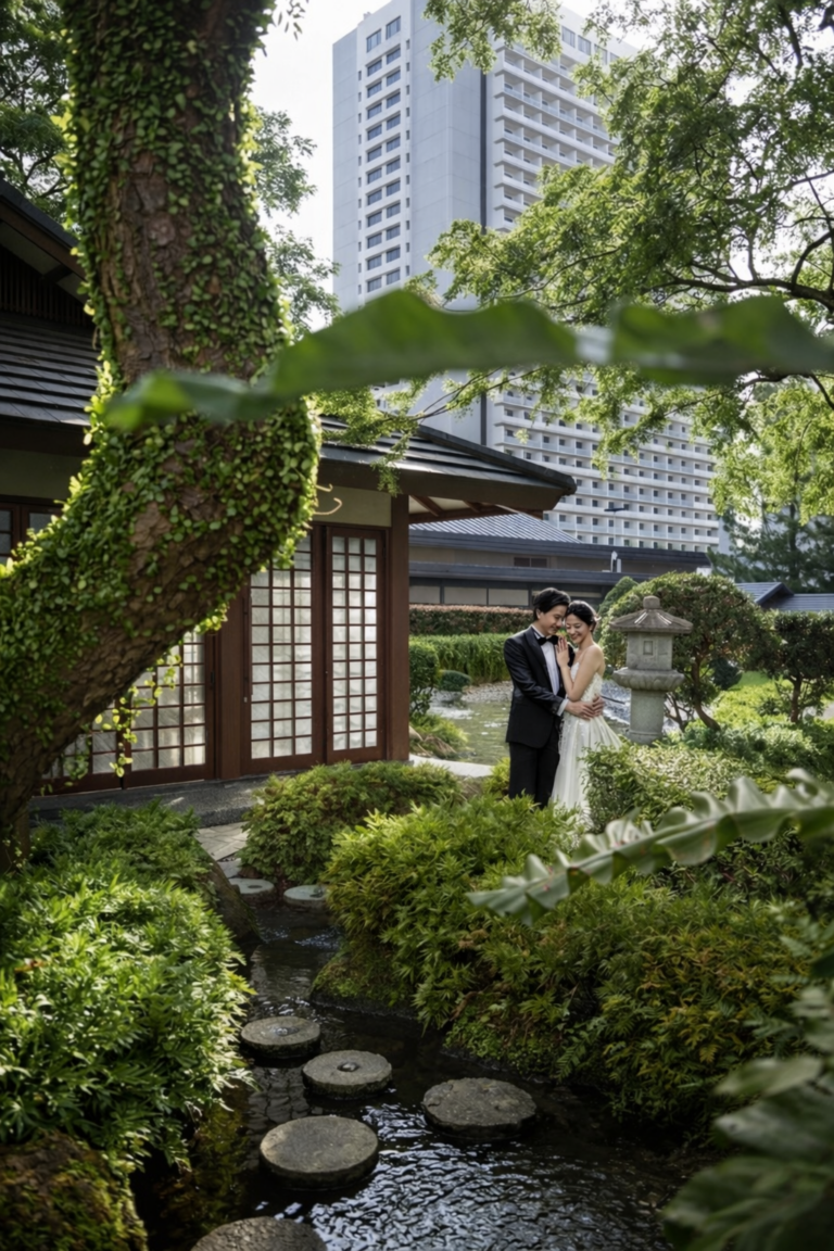 Couple posing in the Japanese garden wedding venue at Pan Pacific Singapore hotel