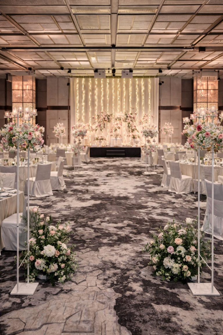 Elegant wedding reception setup at Singapore Marriott Tang Plaza Hotel ballroom in Orchard Road Singapore