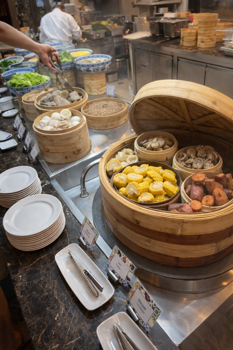 Live cooking stations at Urban Kitchen breakfast buffet in JW Marriott Macau with fresh eggs and noodles