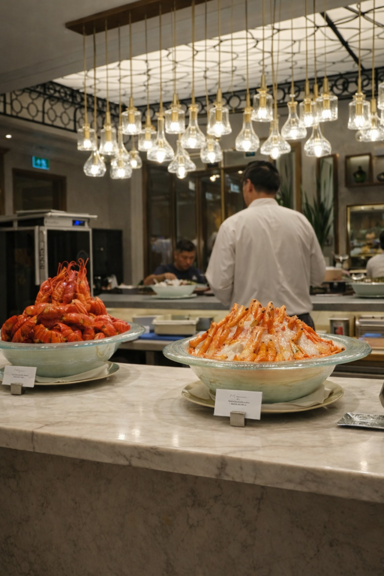Elegant breakfast buffet at The Manor at St. Regis Macao with chef station and seafood display