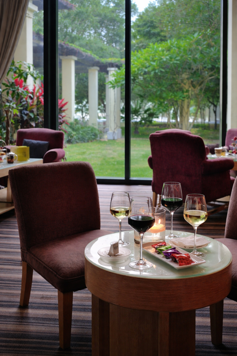 Al fresco breakfast buffet at Cafe Panorama in Grand Coloane Resort surrounded by garden views