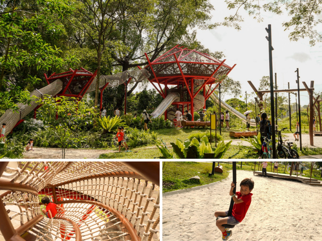 Bidadari park collage shows birds nest slide, zipline and climbing structure