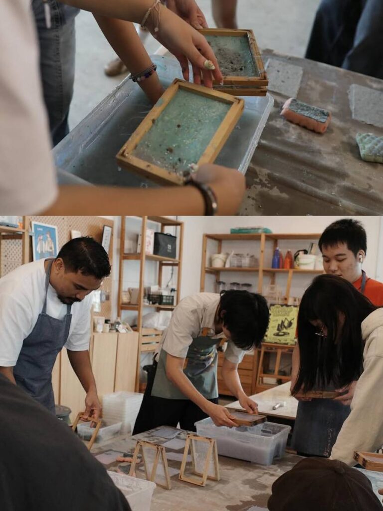 Handmade paper workshop creating recycled paper pulp sheets at Print and Matters, Singapore