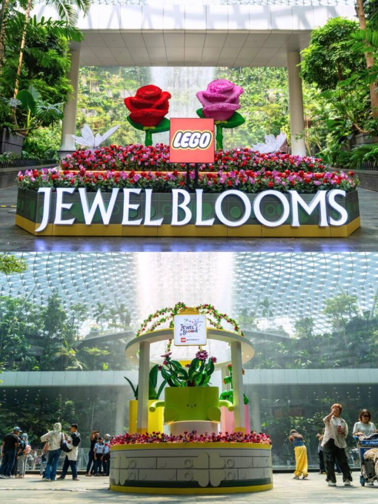 Families exploring giant LEGO flower displays at Jewel Changi