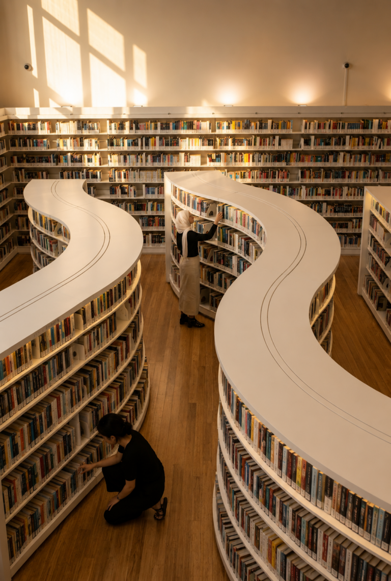 The iconic wavy, curvilinear bookshelves of library@orchard, widely considered the most aesthetic library in Singapore for photography