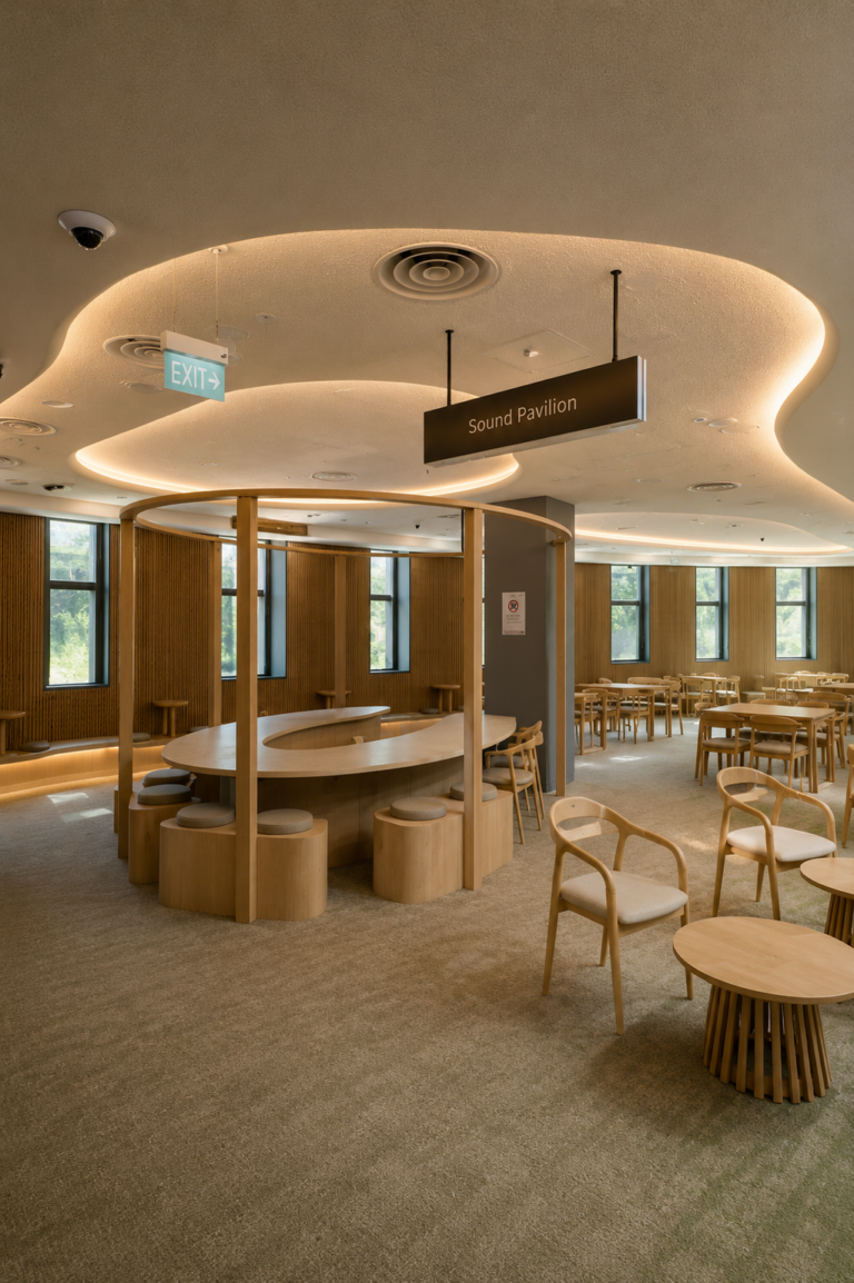 A soothing interior at Bukit Batok Public Library featuring minimalist light oak wood furniture.