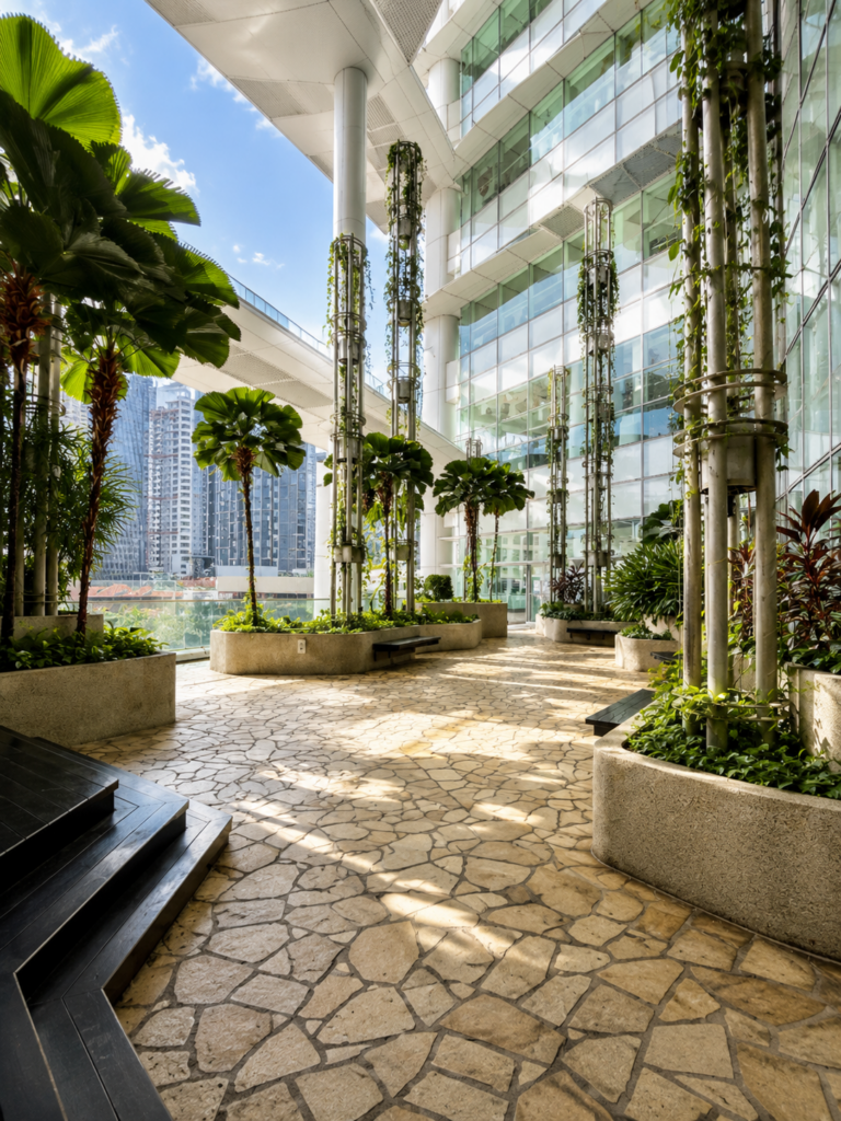 The serene sky garden at the National Library Singapore offers panoramic view of the city's skyline, including Marina Bay Sands and Sentosa.
