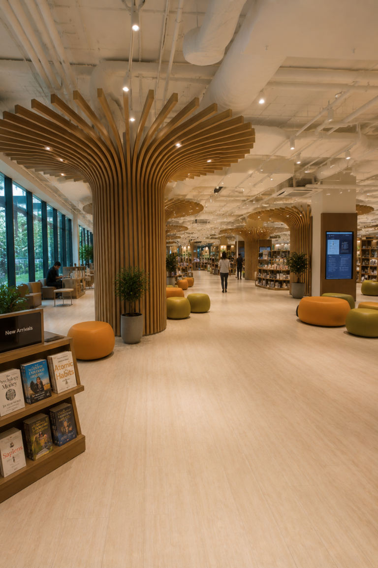 Park-themed library with soft, earthy tones interiors at Bedok Public Library in Singapore