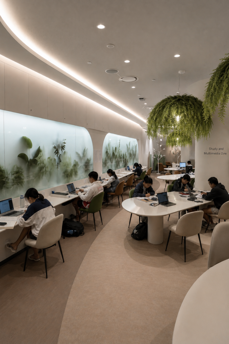 Students studying at white tables in Choa Chu Kang Public Library with leaf silhouettes on the frosted glass walls.