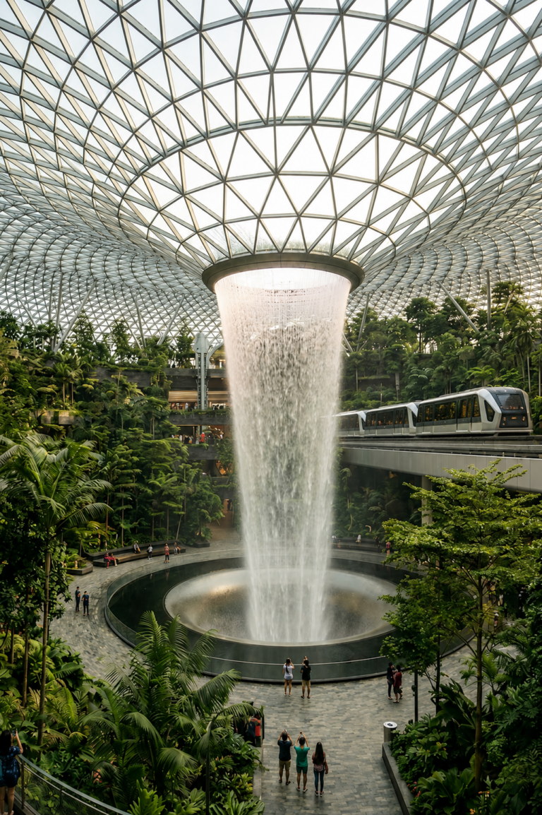 HSBC Rain Vortex indoor waterfall and Shiseido Forest Valley at Jewel Changi Airport Singapore