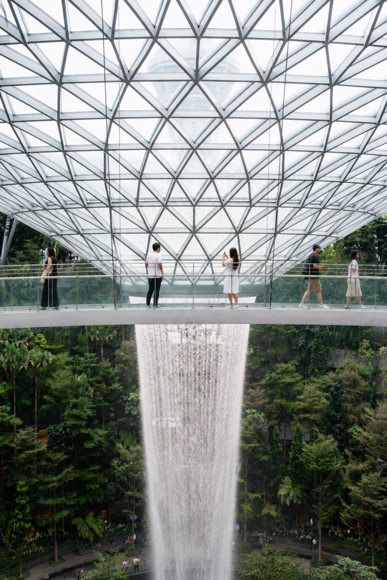 Families walking across the Canopy Bridge with views of the Rain Vortex at Jewel Changi Airport Singapore