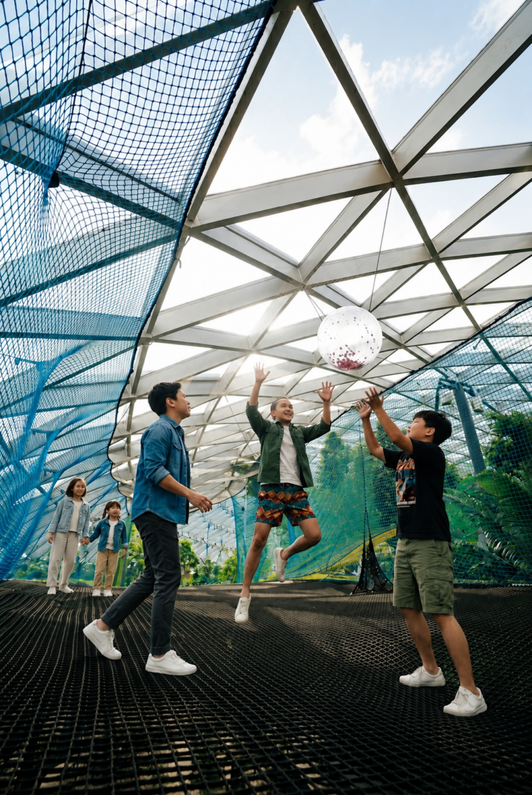 Kids bouncing on the Bouncing Nets attraction at Jewel Changi Airport Singapore