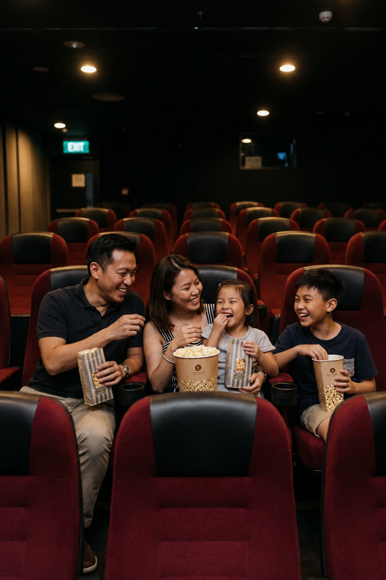 Family watching free movie at the cinema in Changi Airport Singapore
