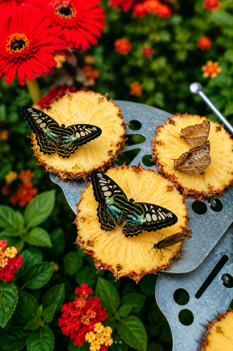 Colorful butterflies on pineapple slices at feeding station inside Butterfly Garden at Changi Airport Singapore