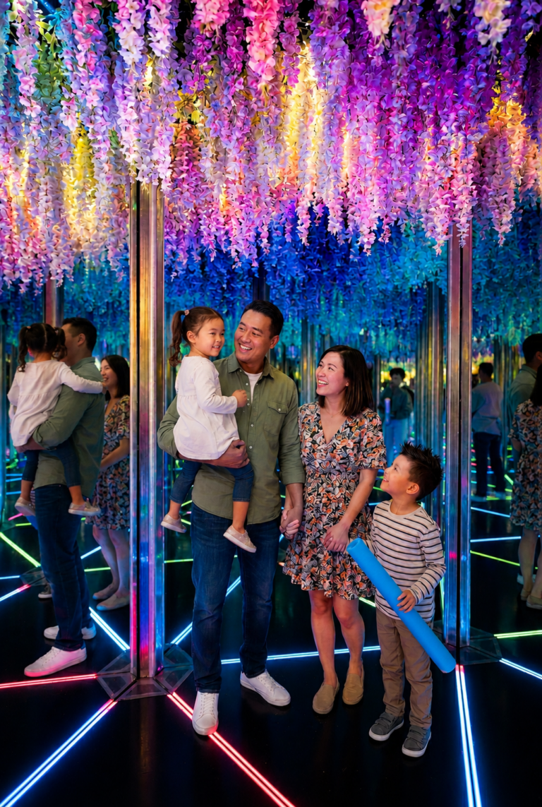 Family exploring the colorful mirror maze attraction at Jewel Changi Airport Singapore
