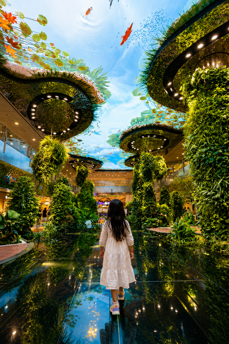 Dreamscape garden with glass floor and immersive digital ceiling at Changi Airport Singapore