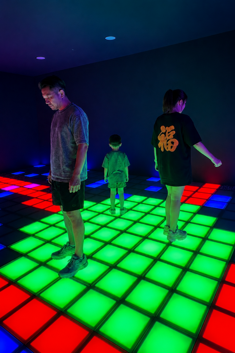 Family playing Floor Is Lava on colorful interactive LED floor at Griddy Grid @T2 inside Changi Airport Singapore